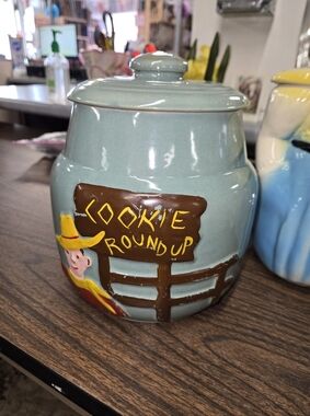 Cookie Roundup Ceramic Cookie Jar - Light Sage Blue Vintage 1950s
